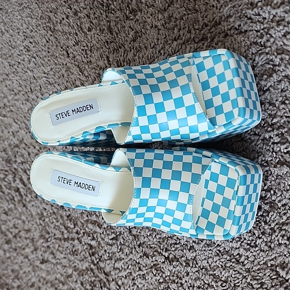 Steve Madden Trixie baby blue/white checkered slip on platform shoes-6 - Picture 2 of 9